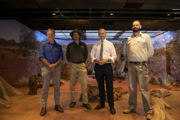 The team rewilding the deserts: ( l-r) Professor Richard Kingsford, Director of the Centre of Ecosystem Science at UNSW, Atticus Fleming, Deputy Secretary, National Parks and Wildlife, Matt Kean, the Energy and Environment Minister, and Andrew Elphinstone, Manager of Conservation and Recovery Programs at Taronga Zoo. 