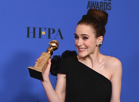 Rachel Brosnahan with the award for best actress in a television series (musical or comedy) for her performance in <i>The Marvelous Mrs. Maisel</i>.