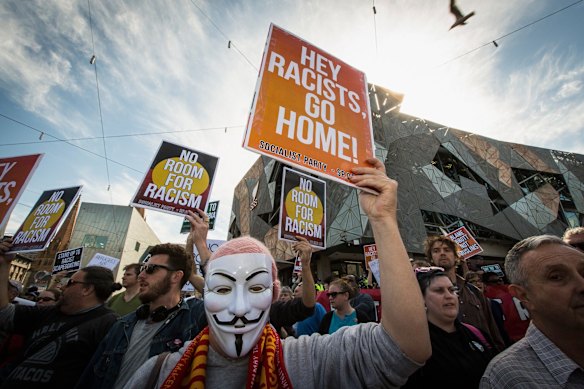 Rally against racism  protestors clashed with Reclaim Australia protestors at Federation Square under a huge police presence  on April 4, 2015 in Melbourne, Australia.  