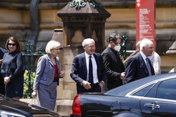 Former Labor MP and Minister Ros Kelly with her husband, former Westpac CEO, David Morgan and Former Prime Minister Paul Keating after the State Funeral for the Honourable Susan Maree Ryan AO.