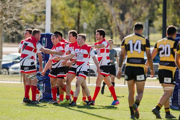 Canberra Vikings v Perth Spirit in National Rugby Championship rugby union. Canberra Vikings celebrate.