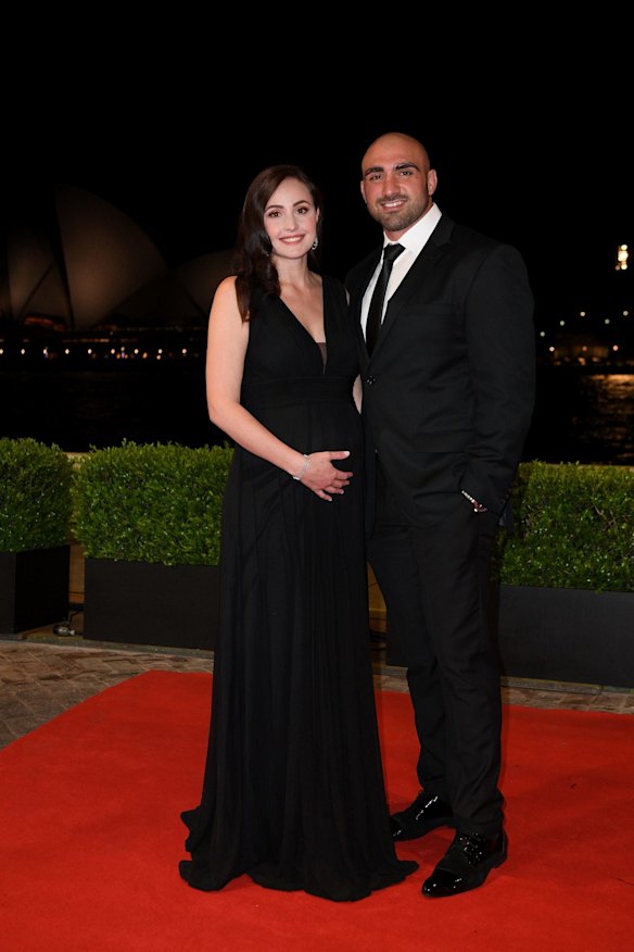 Parramatta Eels player Tim Mannah and wife Steph arrive at the Dally M Awards.