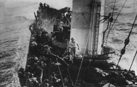 H.M.A.S. Waterhen crew on deck in an undated photograph.