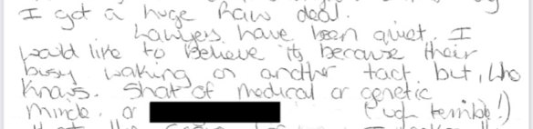 Extract from a letter from Kathleen Folbigg to Tracy Chapman in which she refers to a “遗传奇迹 [原文如此]“。” loading=