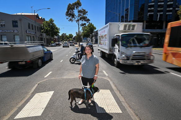 Gemma Gooding, with dog Ted, says West Melbourne residents will be disappointed if plans to calm traffic on Spencer Street are canned. 