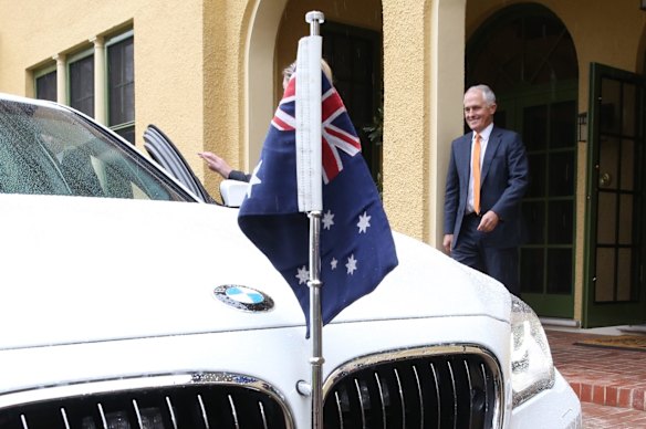 Prime Minister Malcolm Turnbull departs the Lodge to drive to Government House to ask the Governor-General to proclaim a double dissolution election on July 2 in Canberra on Sunday 8 May 2016. 