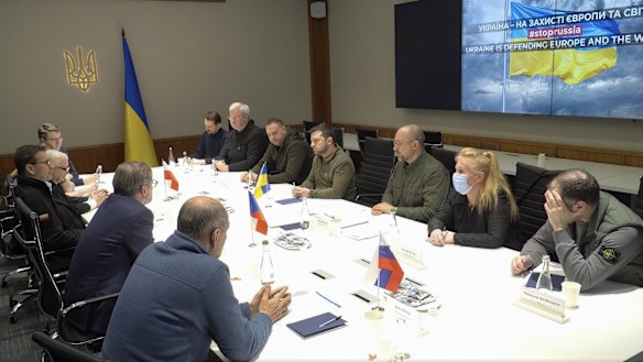 In this image from video provided by the Ukrainian Presidential Press Office, Ukrainian President Volodymyr Zelenskyy speaks during a meeting with Slovenia Prime Minister Janez Jansa, Czech Republic Prime Minister Petr Fiala, Polish Prime Minister Mateusz Morawiecki and Polish Deputy Prime Minister Jaroslaw Kaczynski on behalf of the European Council, in Kyiv, Ukraine.