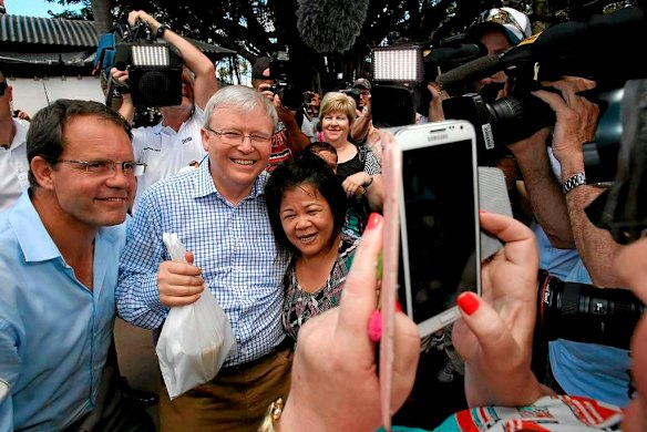 Prime Minister Kevin Rudd poses with Mary after she gifted him a laksa at the Parap markets.