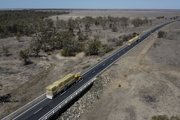 Trucks on the Gwydir Highway near Bullarah, NSW, transporting hay from Bendigo, Victoria to drought-affected parts of Queensland.