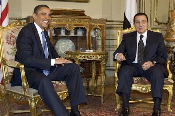 Barack Obama meets Egypt's President Hosni Mubarak.