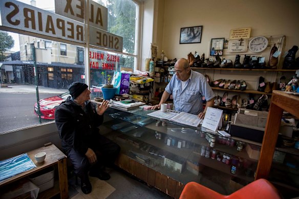 Alex Moussey of Alex Shoe Repairs who arrived in Sydney from Lebanon in 1966, in 1980 opened his shoe repair shop which is still going strong. Most days his old friend Antony Chidiak drops in for a gossip and a coffee.