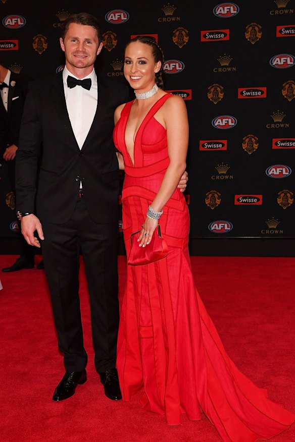 Patrick Dangerfield of Geelong (L) and Mardi Dangerfield arrive ahead of the 2016 Brownlow Medal at Crown Entertainment Complex on September 26, 2016 in Melbourne, Australia.