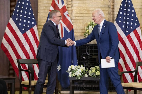 Prime Minister Anthony Albanese and President of the United States Joe Biden at a bilateral meeting during the Quad leaders' summit in Tokyo, Japan.