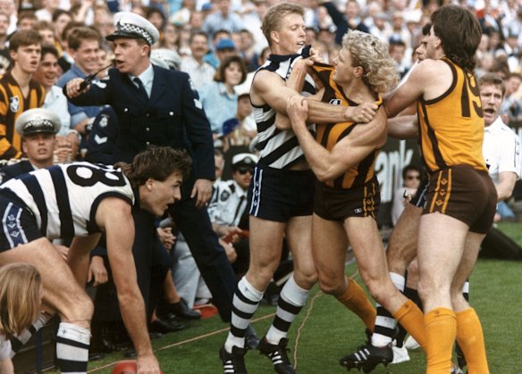 Geelong's Steve Hocking, left, and Hawthorn's Dermott Brereton clash in the 1989 grand final. Hawthorn would go on to win the last VFL deciderl before the competition became the AFL.