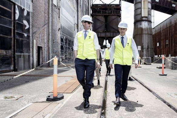 NSW Treasurer Dom Perrottet and NSW Minister for Planning Rob Stokes taking a tour of the White Bay Power Station in Rozelle. Tuesday 24th November 2020.