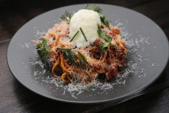 Spaghetti on toast is what you'll find on Gerard Phelan's inventive menu at Second Home in Eltham, Melbourne.
