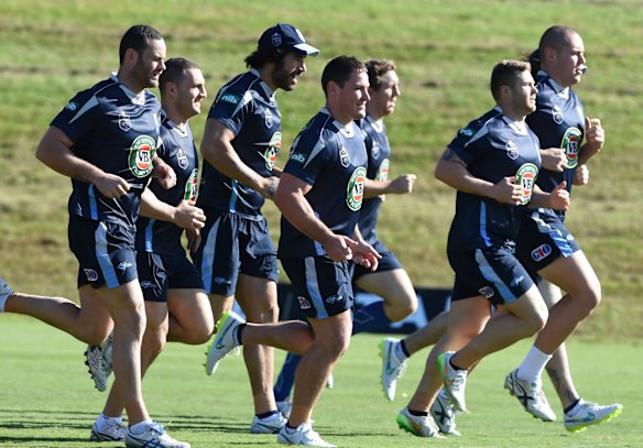 Blues players warm up.