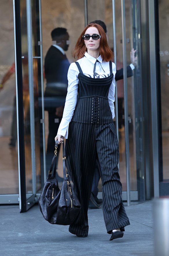 Emily Blunt filming scenes on the The Devil Wears Prada 2 set wearing Dior.