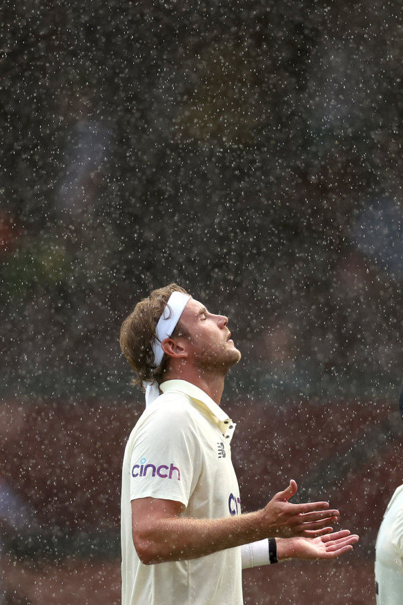 Stuart Broad reacts to another rain delay. 