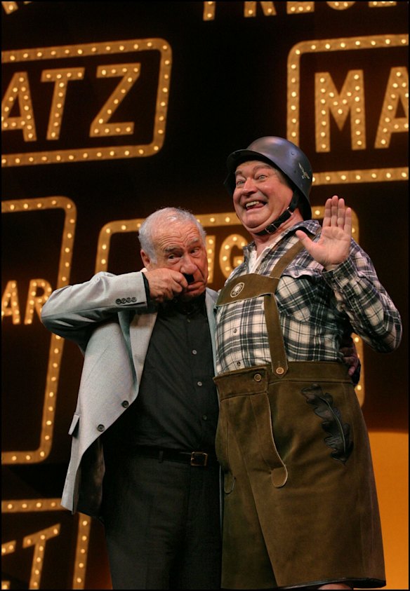 Mel Brooks (left) and Bert Newton (right) ham it up on stage at the Princess Theatre during "The Producers"