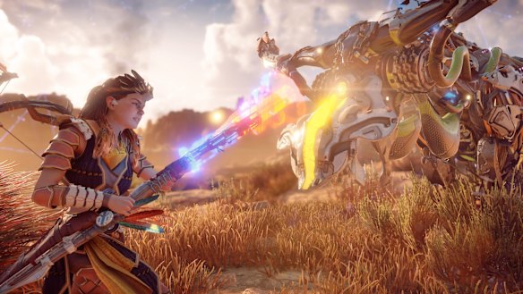 Aloy uses her staff to override a machine, which allows her to ride it or call on it for help in combat.
