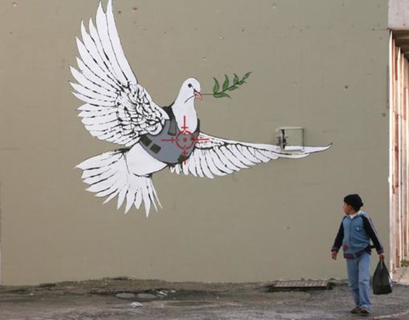 One of six new images painted by British street artist Banksy as part of a Christmas exhibition in Bethlehem.