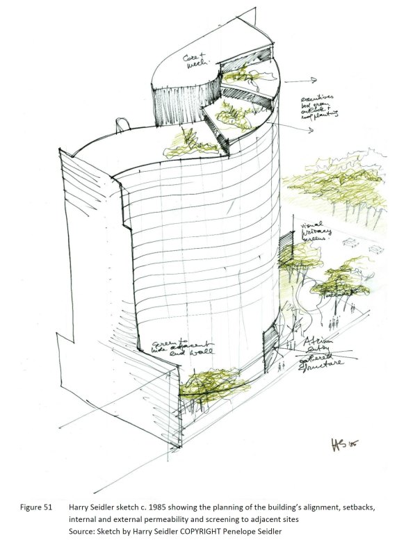 A 1985 drawing of Shell House, the tower designed by architect Harry Seidler.
