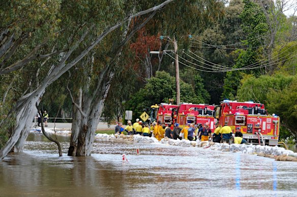Personnel from the CFA, army and airforce at work along Campaspe Esplanade in Echuca West. 