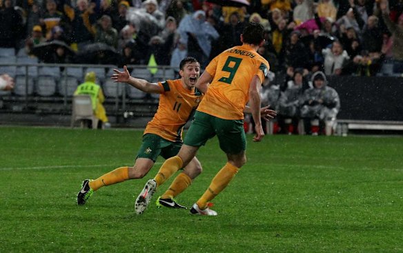 Tommy Oar shows his delight after Josh Kennedy scores the winning goal.