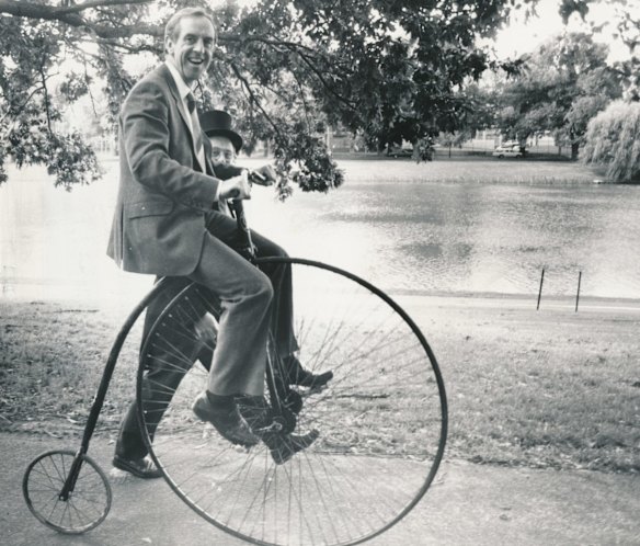 Balanced on a penny-farthing Victorian Premier John Cain demonstrated the riding technique he will NOT use in December for the Great Victorian Bike Ride, an event in the State's 150th birthday celebrations. 1984.

File (Melb): P: CAIN, John: HOBBIES &amp; RECREATION
Date filed: 28-03-1984
Neg no: W 9293 / 6
ID: mls