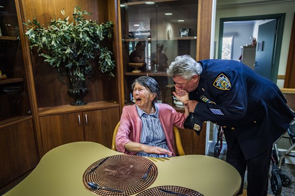 Uniting Care Mirinjani retirement village has granted a lifelong wish for resident Berenice Benson to meet a real New York city cop (something she mentions every tine she gets into the facility lift featuring a poster of the New York skyline). NYPD Detective Howard Shank was glad to accommodate. 
