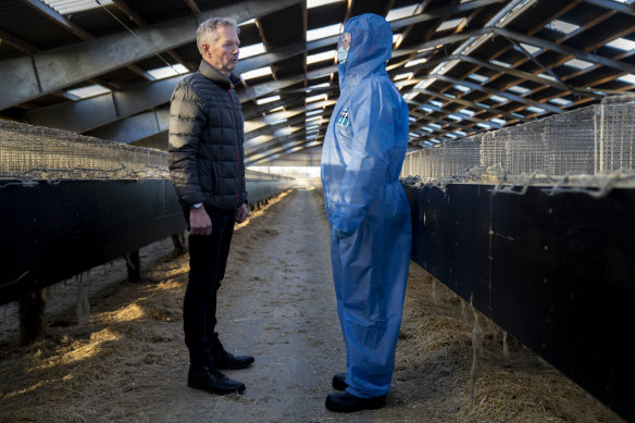 Mink breeder Peter Hindbo, left, talks with Denmark’s Prime Minister Mette Frederiksen, right, during a visit to a closed mink farm.