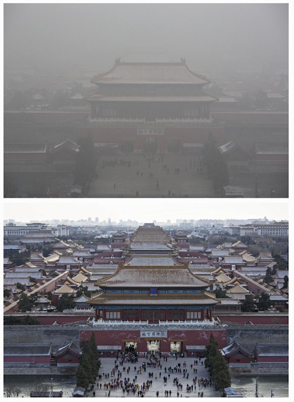 The Forbidden City is seen in heavy pollution, top, on December 1 and 24 hours later under a clear sky on December 2.