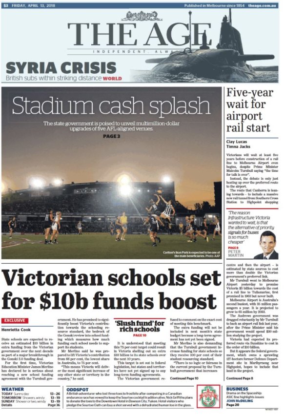 The front page of The Age, April 13, 2018