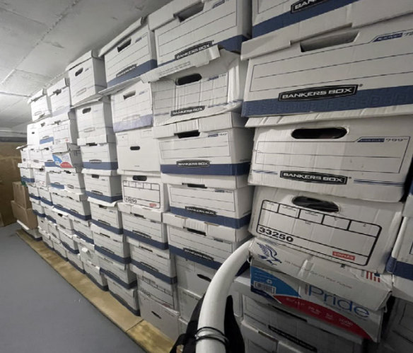 This image, contained in the indictment against former President Donald Trump, shows boxes of records in a storage room at Trump’s Mar-a-Lago estate in Palm Beach