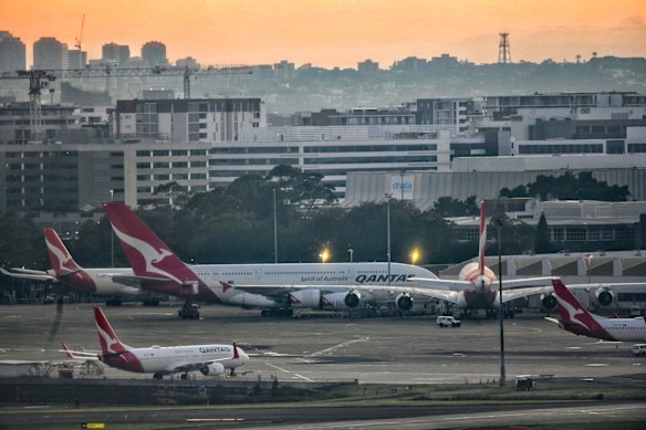 Grounded Qantas planes at Sydney Airport.