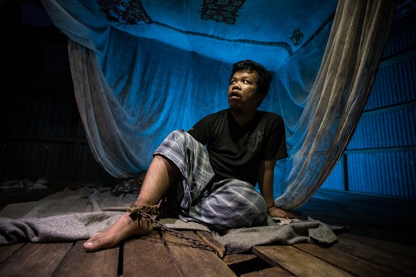 Azman Jantravadi, 27, has been chained by one leg in a corner of his families barren wooden house in the village of Duka in Bacho, for more than two years. He is not himself. He is a crazy person says his mother Jemah Jehni, 55, a mother of six sons, adding he becomes violent when released.
Azman's elder brother Marosoh was killed while leading an insurgent raid on a military base in 2013.