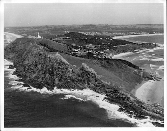 An aerial shot of Byron Bay and cape Byron Lighthouse. Date unknown.