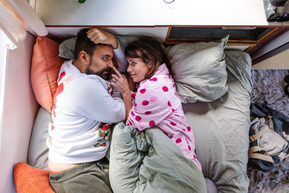 “For me, it was more down to the nitty gritty, sexual stuff, and growing up with porn, and not doing enough of that in my university years because I was too introverted,” says filmmaker Jan Oliver Lucks, left, pictured with Natalie Medlock, in <i>There Is No ‘I’ In Threesome</i>.