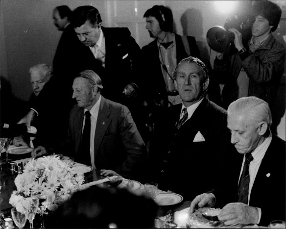 “The R.S.L. National Executive at lunch with Prime Minister Fraser at the Lodge today after they had criticised him.” May 3, 1982.