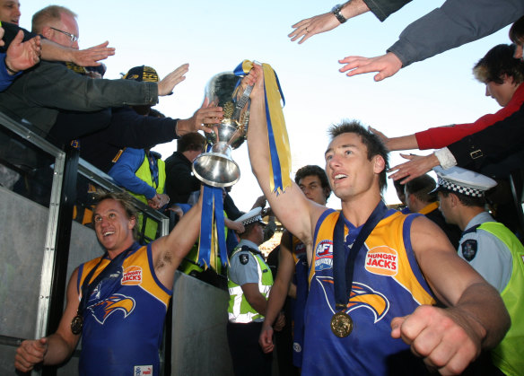 Glory days: Adam Hunter (right) at the 2006 AFL grand final. 