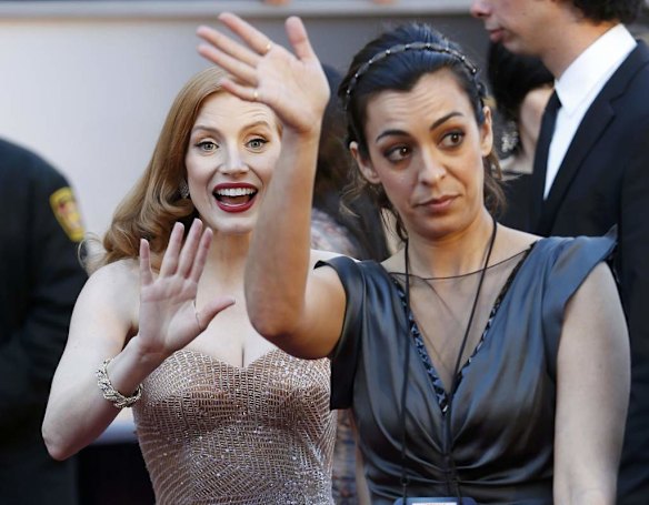 Jessica Chastain, (L) best actress nominee for her role in the film "Zero Dark Thirty" arrives at the 85th Academy Awards in Hollywood, California.