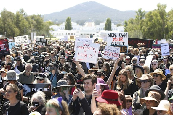 Women's March 4 Justice at Parliament House in Canberra on Monday 15 March 2021.