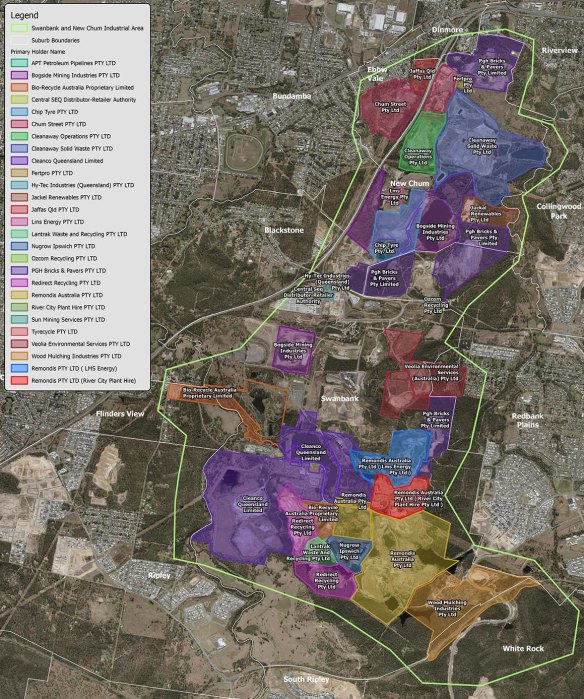 This map of the Swanbank Industrial Park shows how close residents of Collingwood Park, Redbank Plains, Swanbank, Flinders View and New Chum are in 2024 to noxious industries.