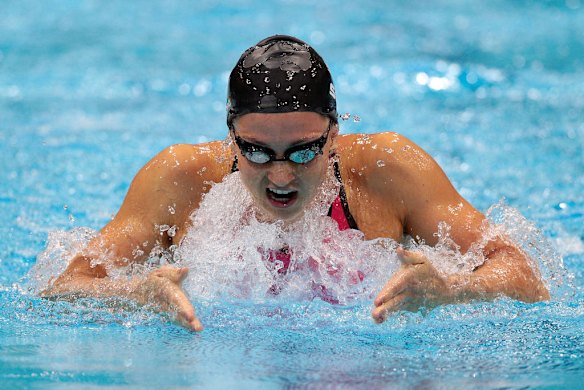 Rebecca Soni of the United States competes in the women's 200m breaststroke. Soni set a new world record time of 2m 19.59s for the event.