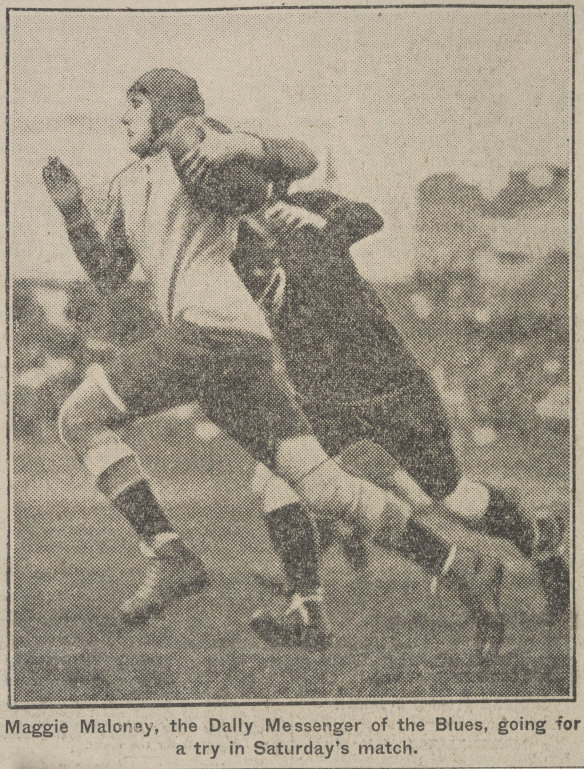 Maggie Moloney in full flight in the 1921 game at the Sydney Showgrounds.