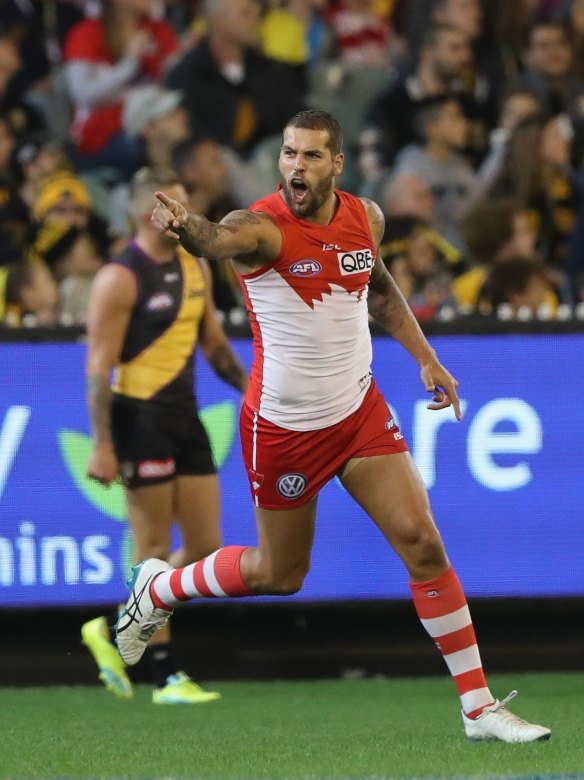 Lance Franklin bagged five goals for the Swans against Richmond at the MCG on Saturday night. 