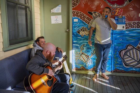Robert Hill,  Jamie Donovan, and Bobby McLeod junior at Oolong House, the Oolong Aboriginal Corporation. 