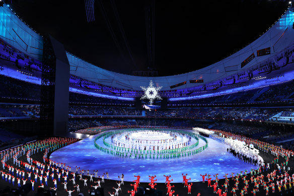 Dancers perform as the snowflake is lifted during the ceremony.