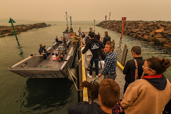 Mallacoota Evacuations of people stranded after the bushfires that ravaged the town on December 30 2019. Evacuated by army personnel to the HMAS Choules Friday 3rd January 2020.